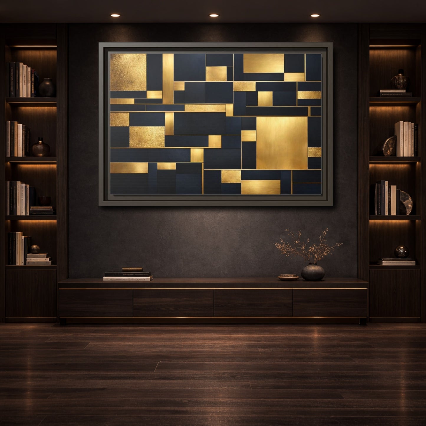 Mockup 3. Abstract Geometric Shapes Gold And Dark Blue shown as stretched canvas wall art
