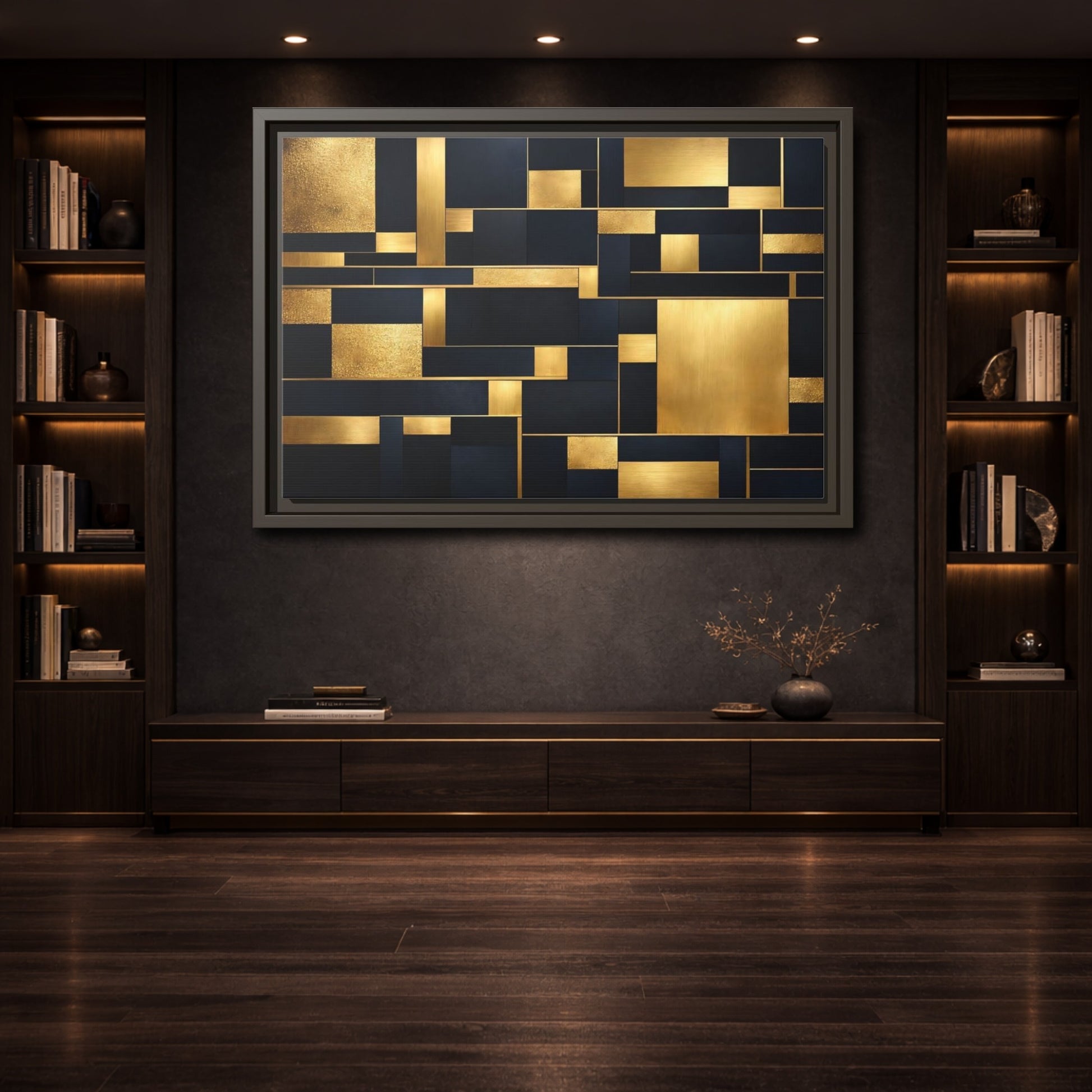 Mockup 3. Abstract Geometric Shapes Gold And Dark Blue shown as stretched canvas wall art
