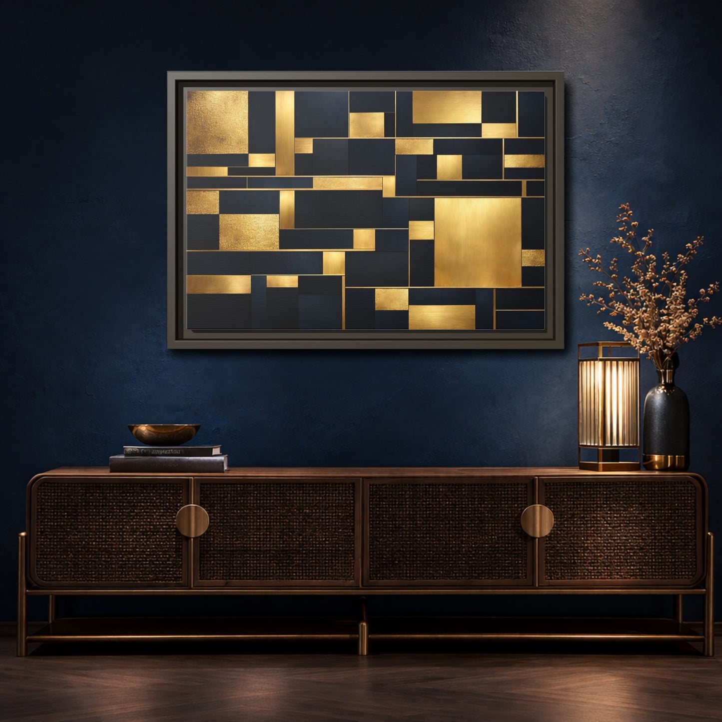 Mockup 4. Abstract Geometric Shapes Gold And Dark Blue shown as stretched canvas wall art