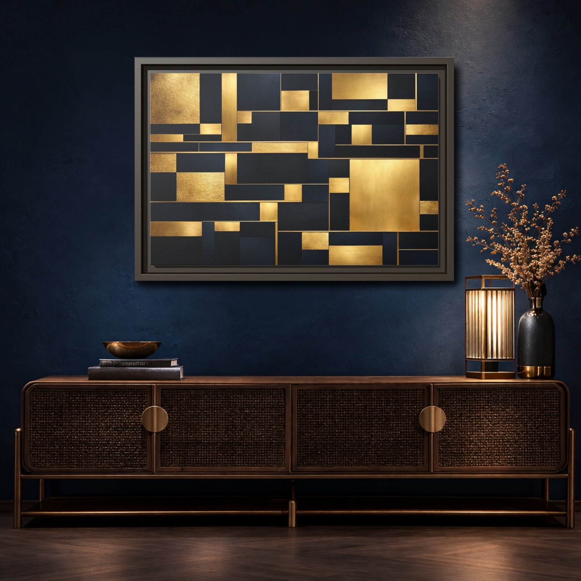 Mockup 4. Abstract Geometric Shapes Gold And Dark Blue shown as stretched canvas wall art