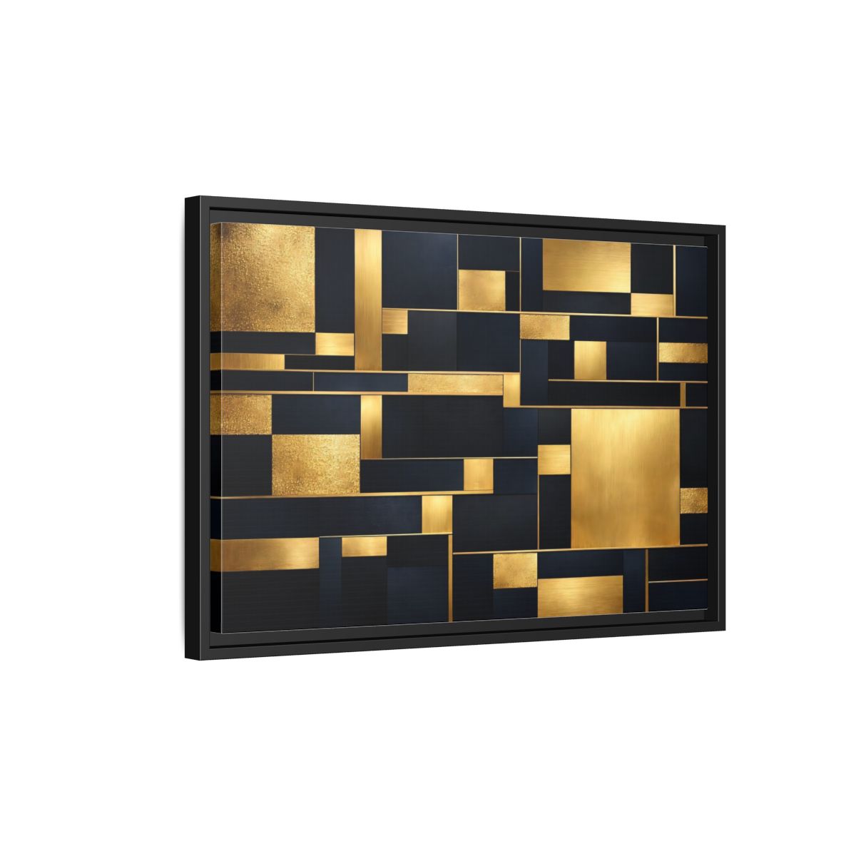 Side Mockup 3. Abstract Geometric Shapes Gold And Dark Blue shown as stretched canvas wall art