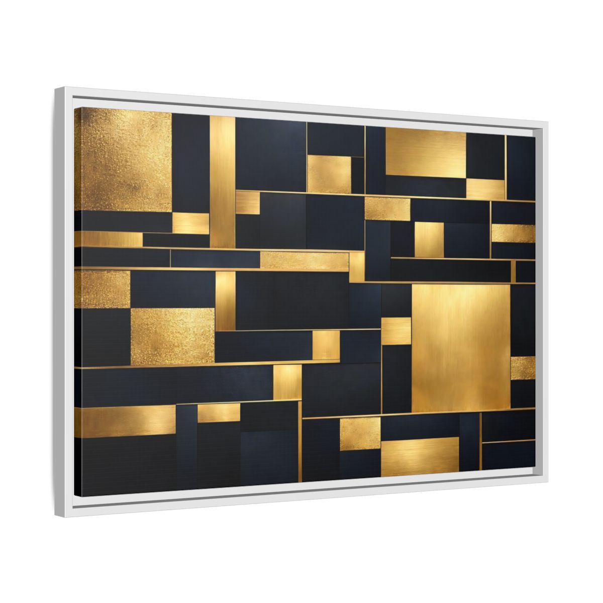 Side Mockup 10. Abstract Geometric Shapes Gold And Dark Blue shown as stretched canvas wall art
