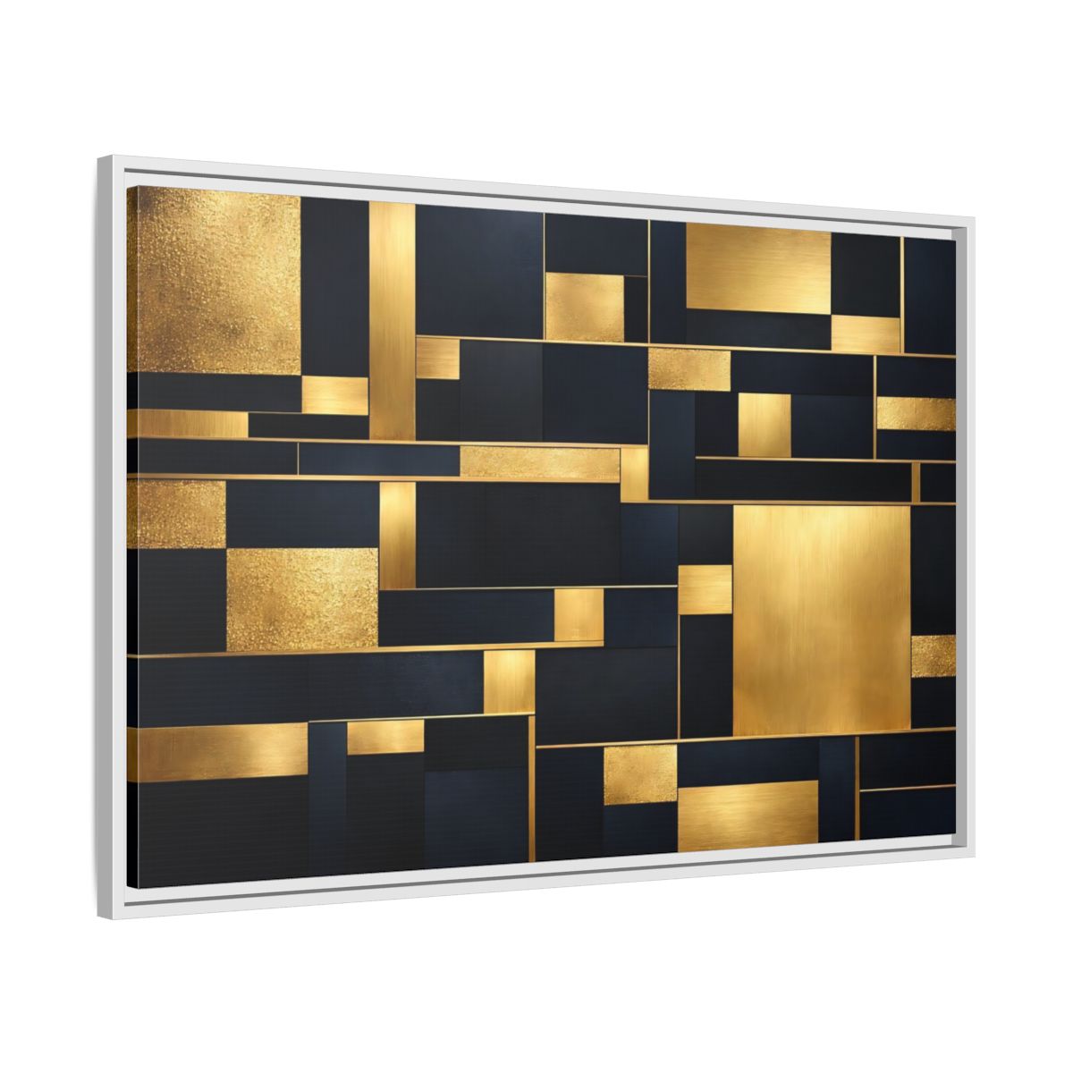 Side Mockup 8. Abstract Geometric Shapes Gold And Dark Blue shown as stretched canvas wall art