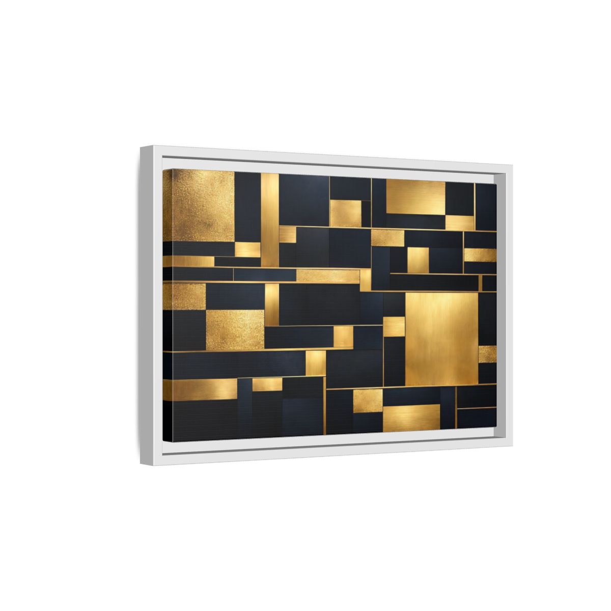 Side Mockup 4. Abstract Geometric Shapes Gold And Dark Blue shown as stretched canvas wall art