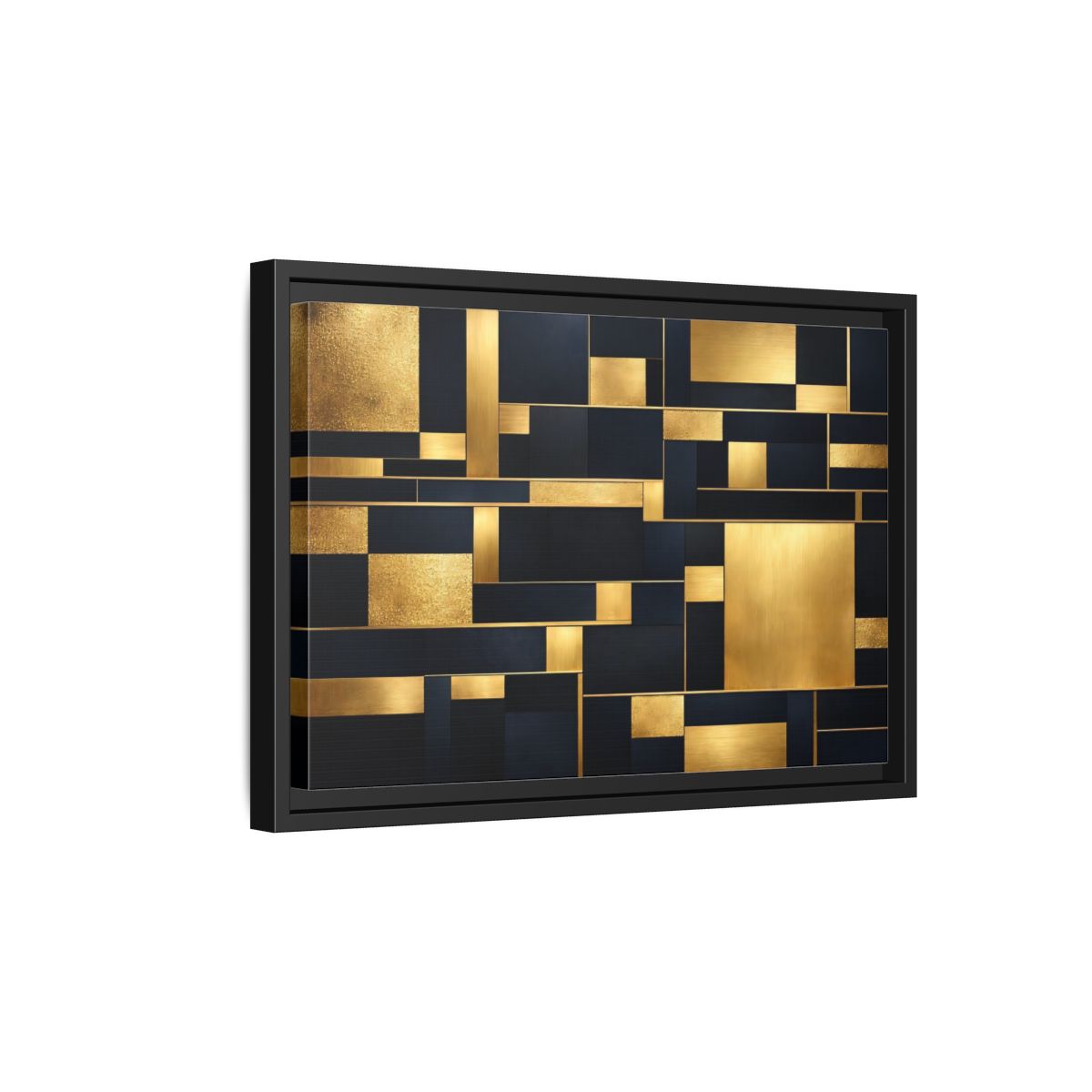 Side Mockup 6. Abstract Geometric Shapes Gold And Dark Blue shown as stretched canvas wall art