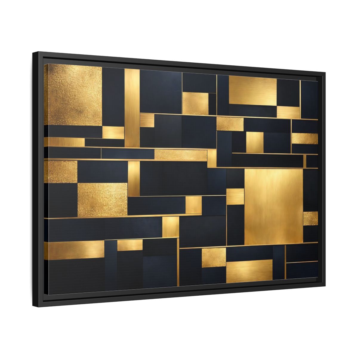 Side Mockup 14. Abstract Geometric Shapes Gold And Dark Blue shown as stretched canvas wall art
