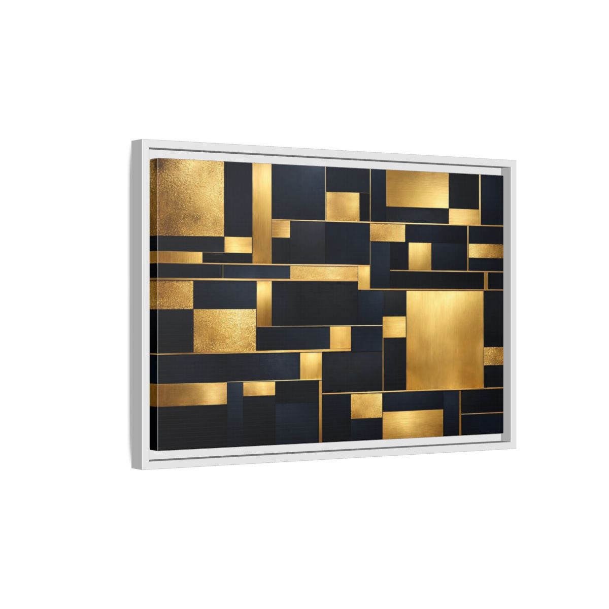 Side Mockup 1. Abstract Geometric Shapes Gold And Dark Blue shown as stretched canvas wall art