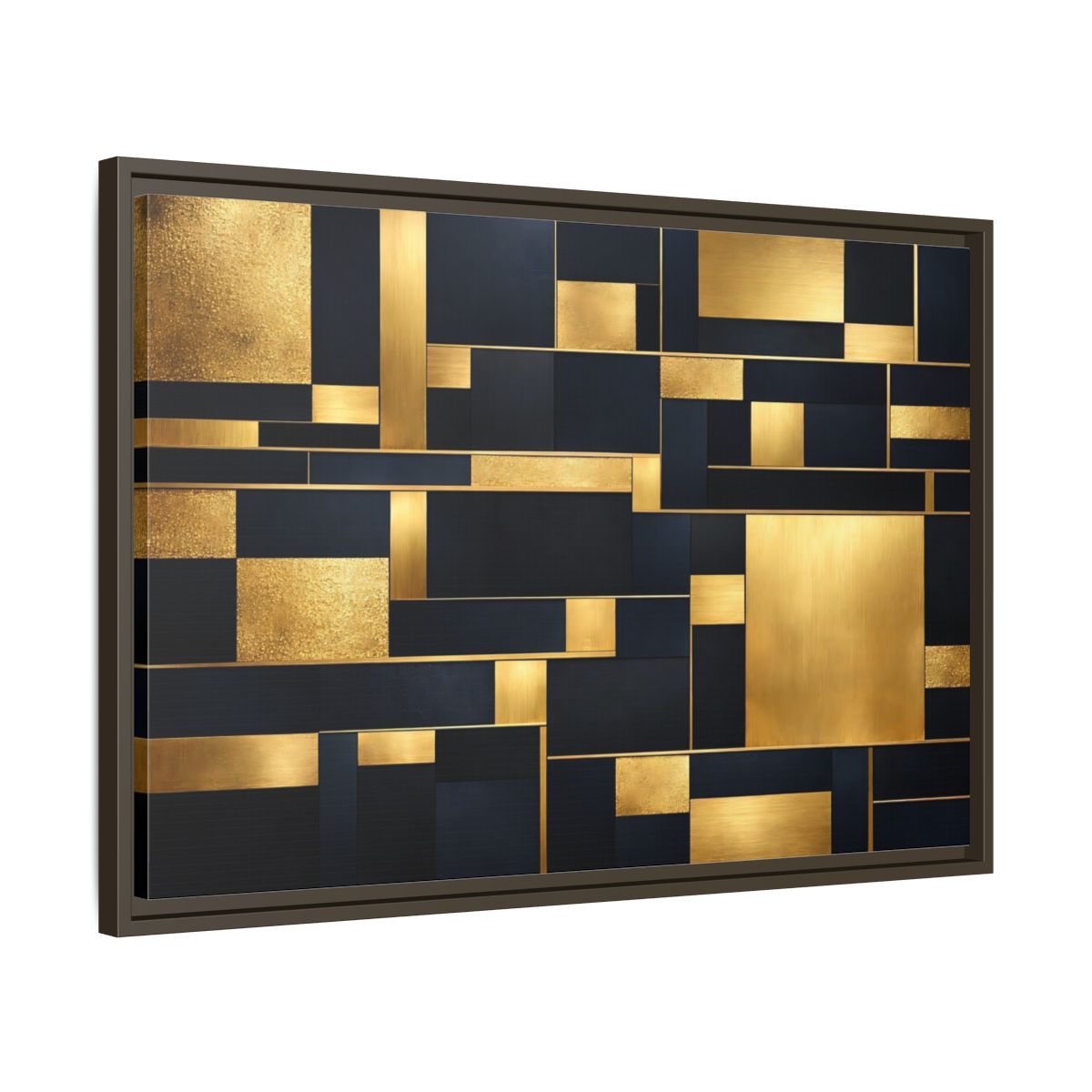 Side Mockup 11. Abstract Geometric Shapes Gold And Dark Blue shown as stretched canvas wall art