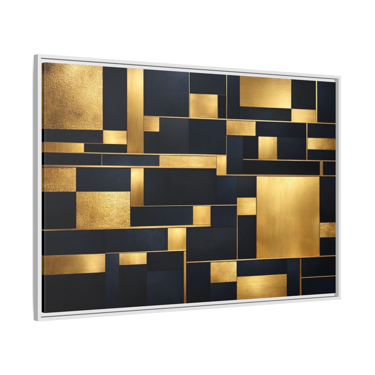Side Mockup 7. Abstract Geometric Shapes Gold And Dark Blue shown as stretched canvas wall art
