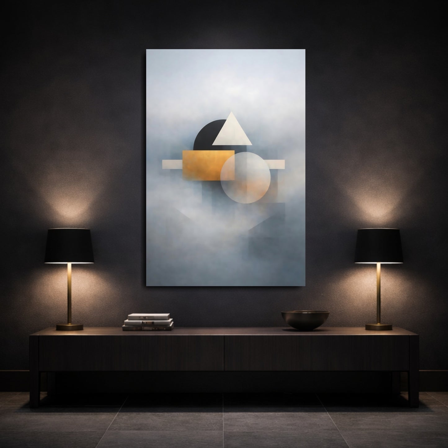 Mockup 2. Abstract Geometric Shapes Gold And Gray Abstract shown as stretched canvas wall art