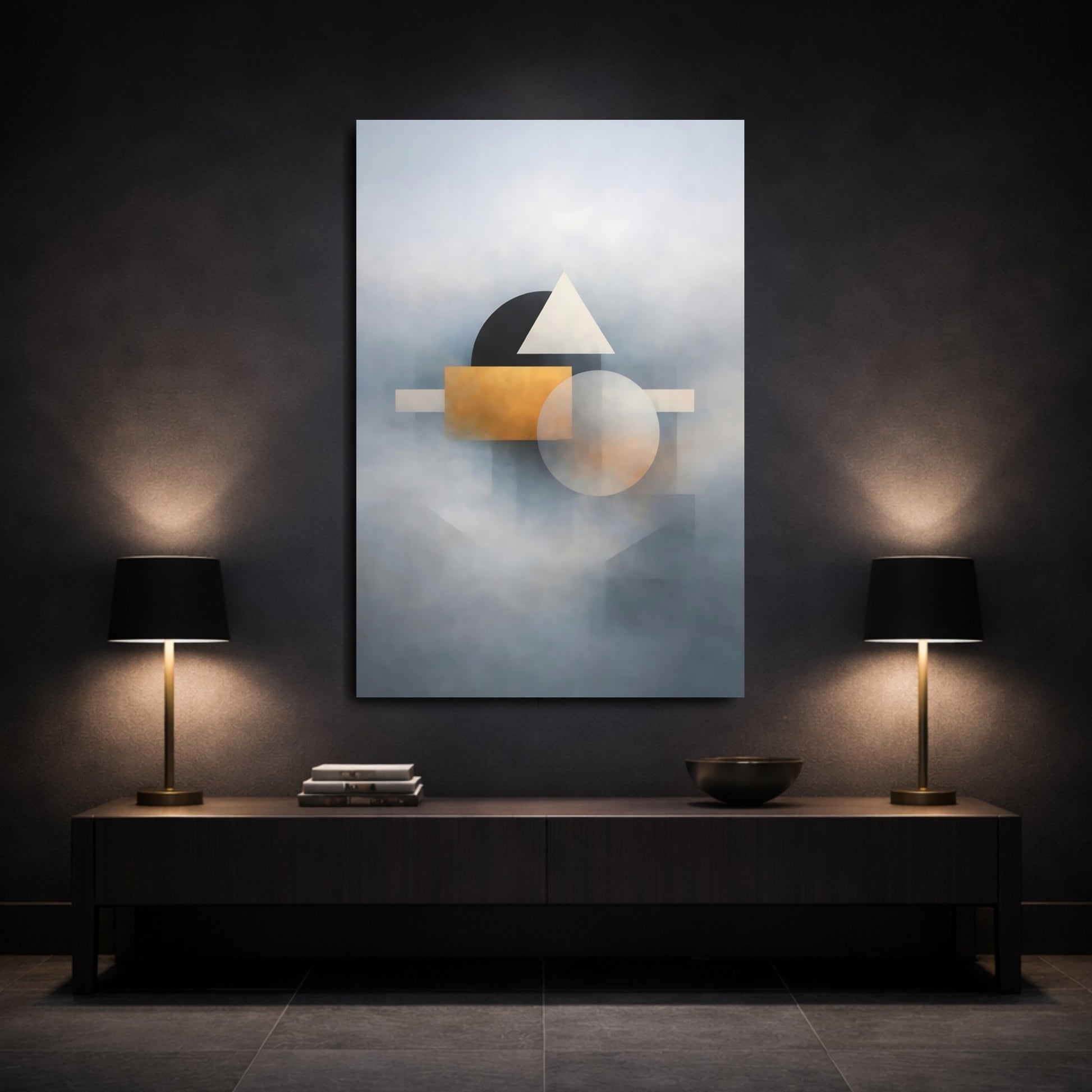 Mockup 2. Abstract Geometric Shapes Gold And Gray Abstract shown as stretched canvas wall art