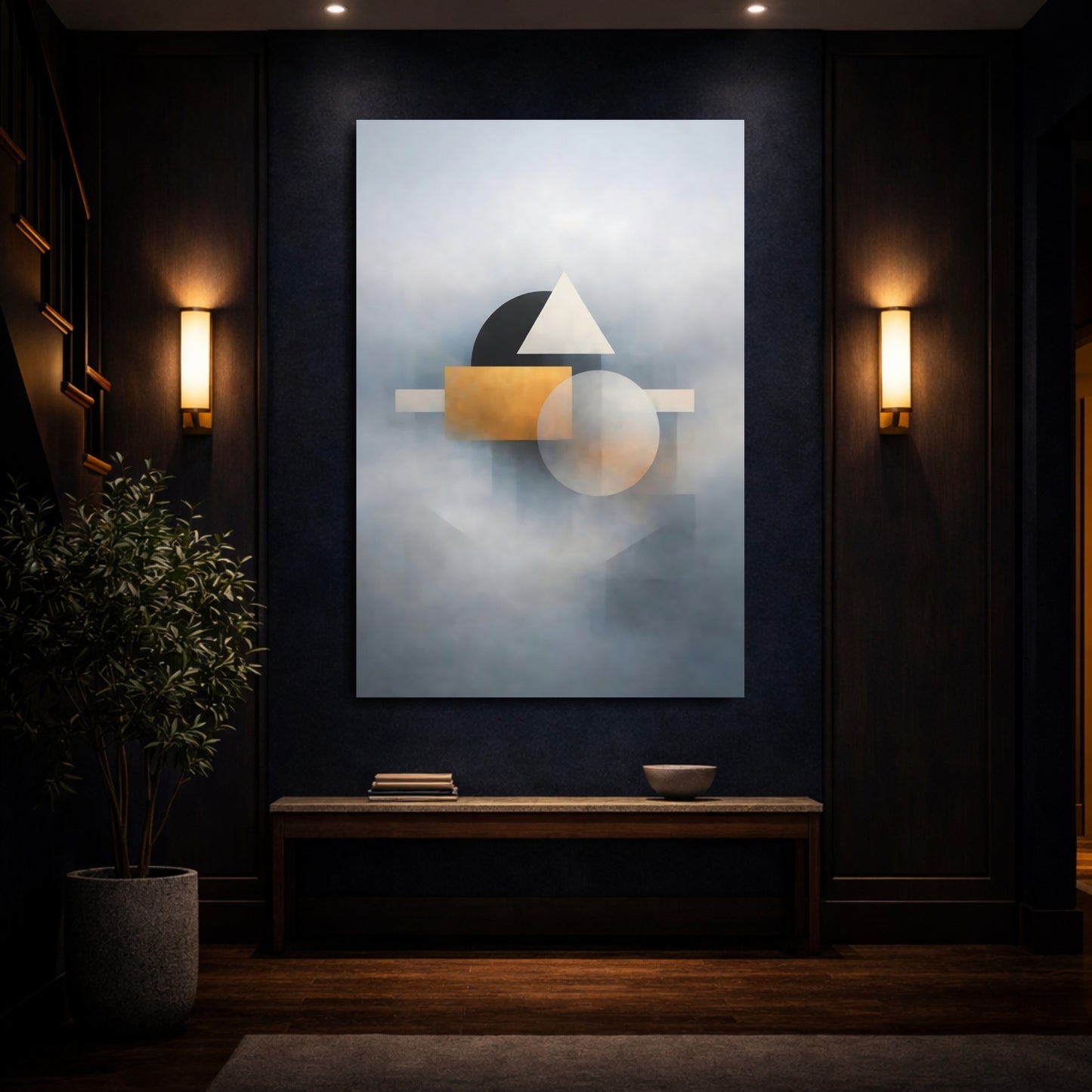 Mockup 3. Abstract Geometric Shapes Gold And Gray Abstract shown as stretched canvas wall art