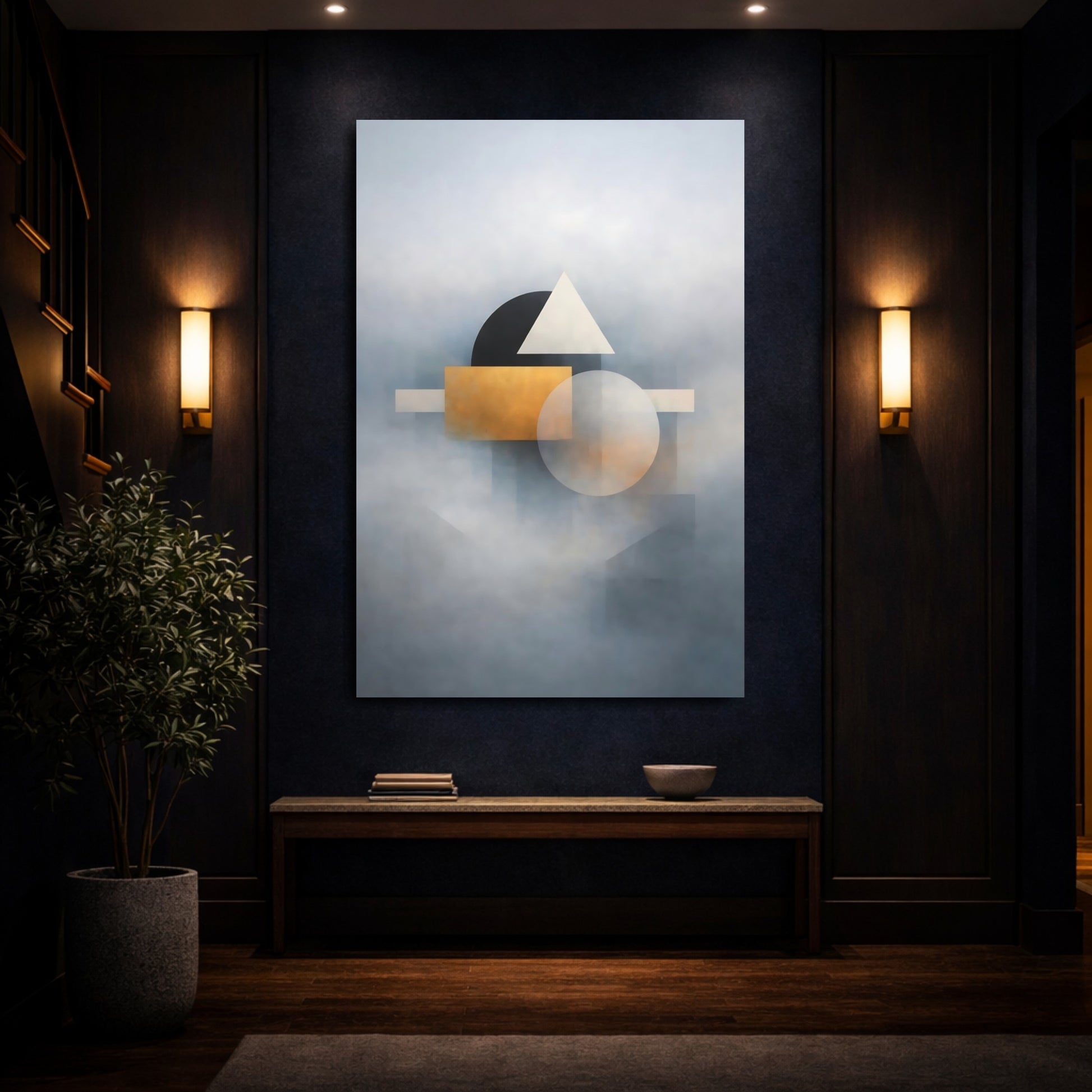 Mockup 3. Abstract Geometric Shapes Gold And Gray Abstract shown as stretched canvas wall art