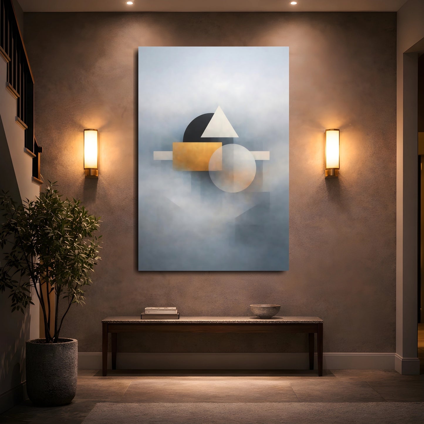 Mockup 4. Abstract Geometric Shapes Gold And Gray Abstract shown as stretched canvas wall art