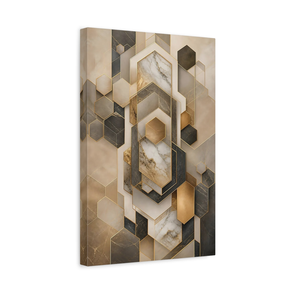 Side Mockup 4. Abstract Geometric Shapes Gold And Gray Geometry shown as stretched canvas wall art