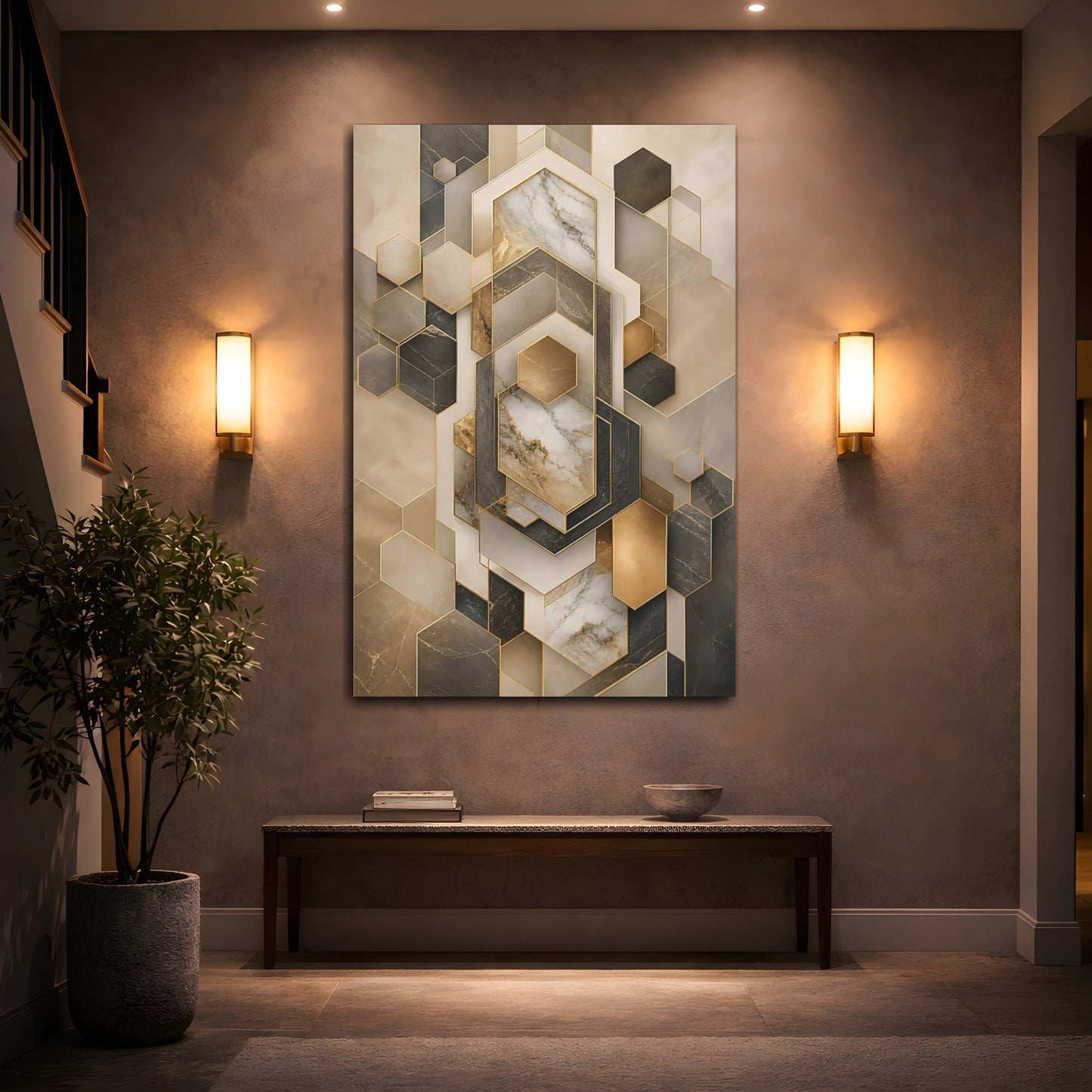 Mockup 2. Abstract Geometric Shapes Gold And Gray Geometry shown as stretched canvas wall art