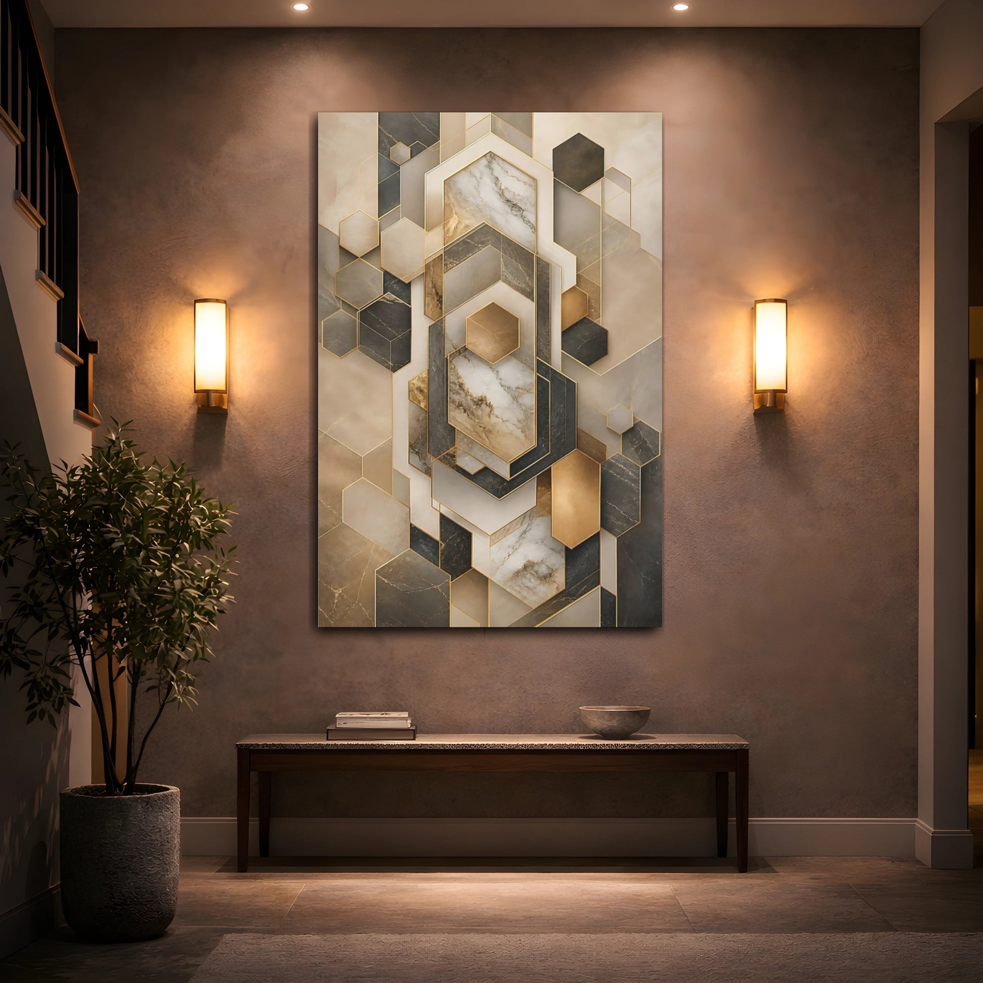 Mockup 2. Abstract Geometric Shapes Gold And Gray Geometry shown as stretched canvas wall art