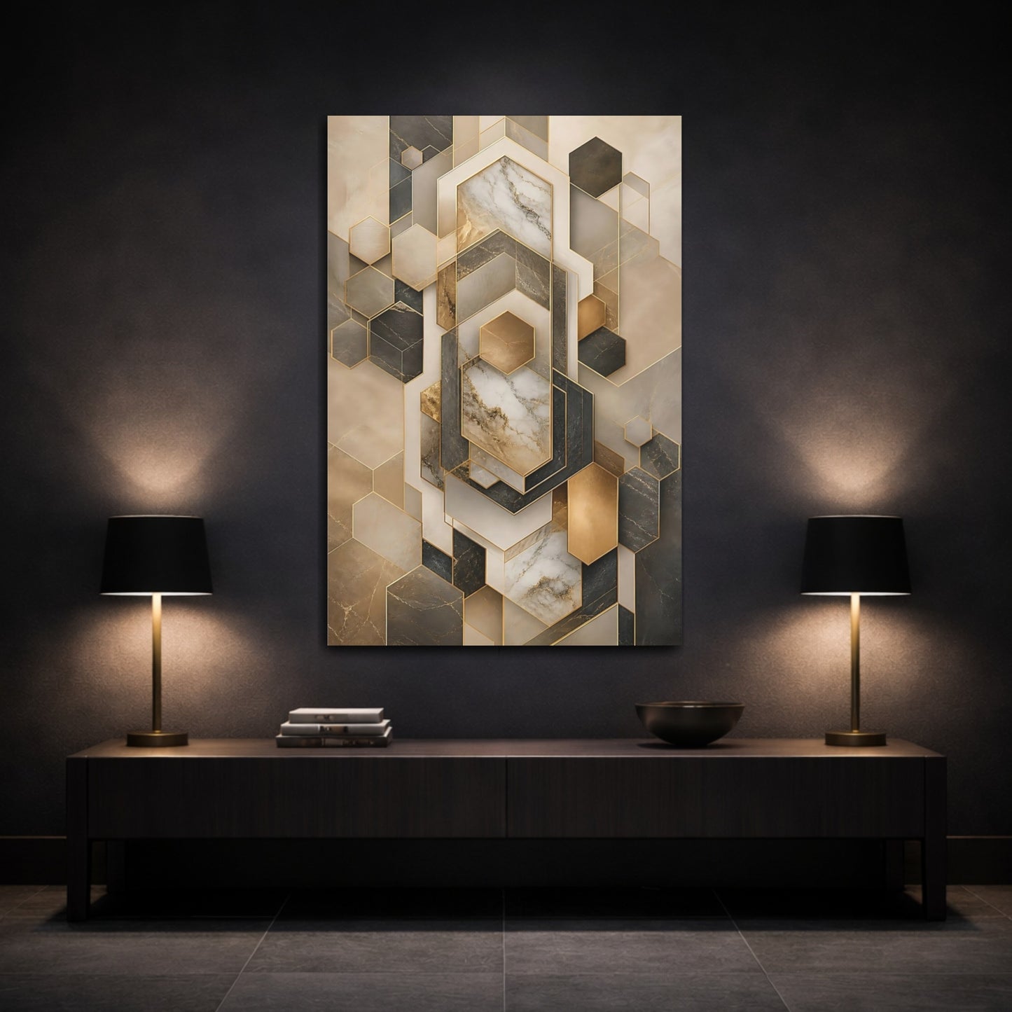 Mockup 3. Abstract Geometric Shapes Gold And Gray Geometry shown as stretched canvas wall art