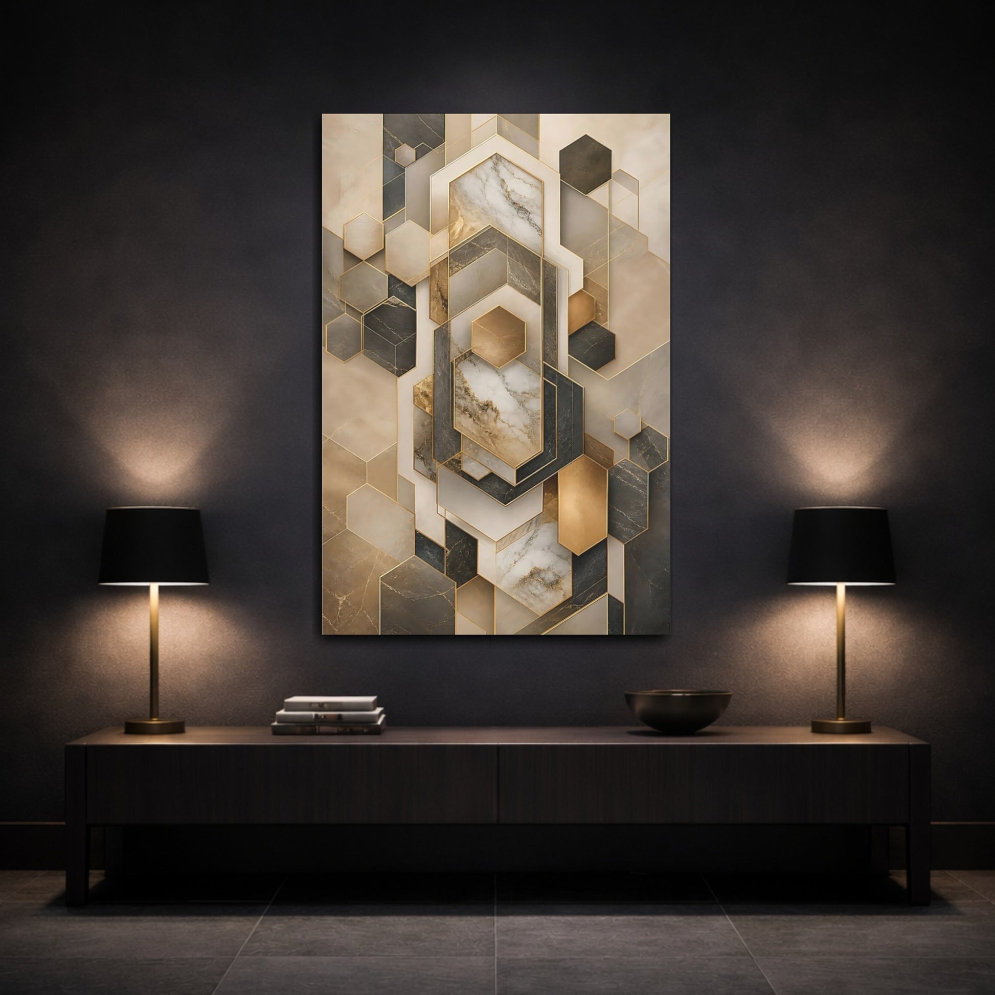 Mockup 3. Abstract Geometric Shapes Gold And Gray Geometry shown as stretched canvas wall art