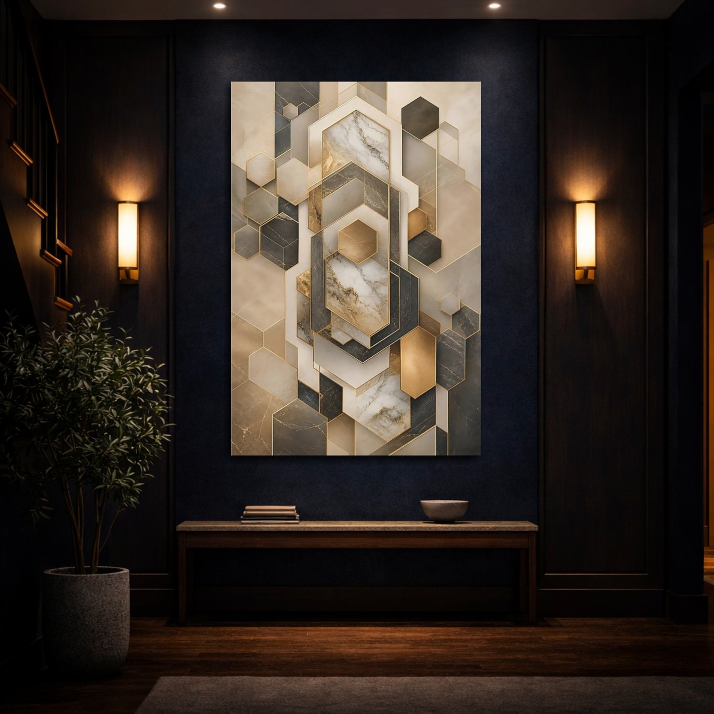 Mockup 4. Abstract Geometric Shapes Gold And Gray Geometry shown as stretched canvas wall art