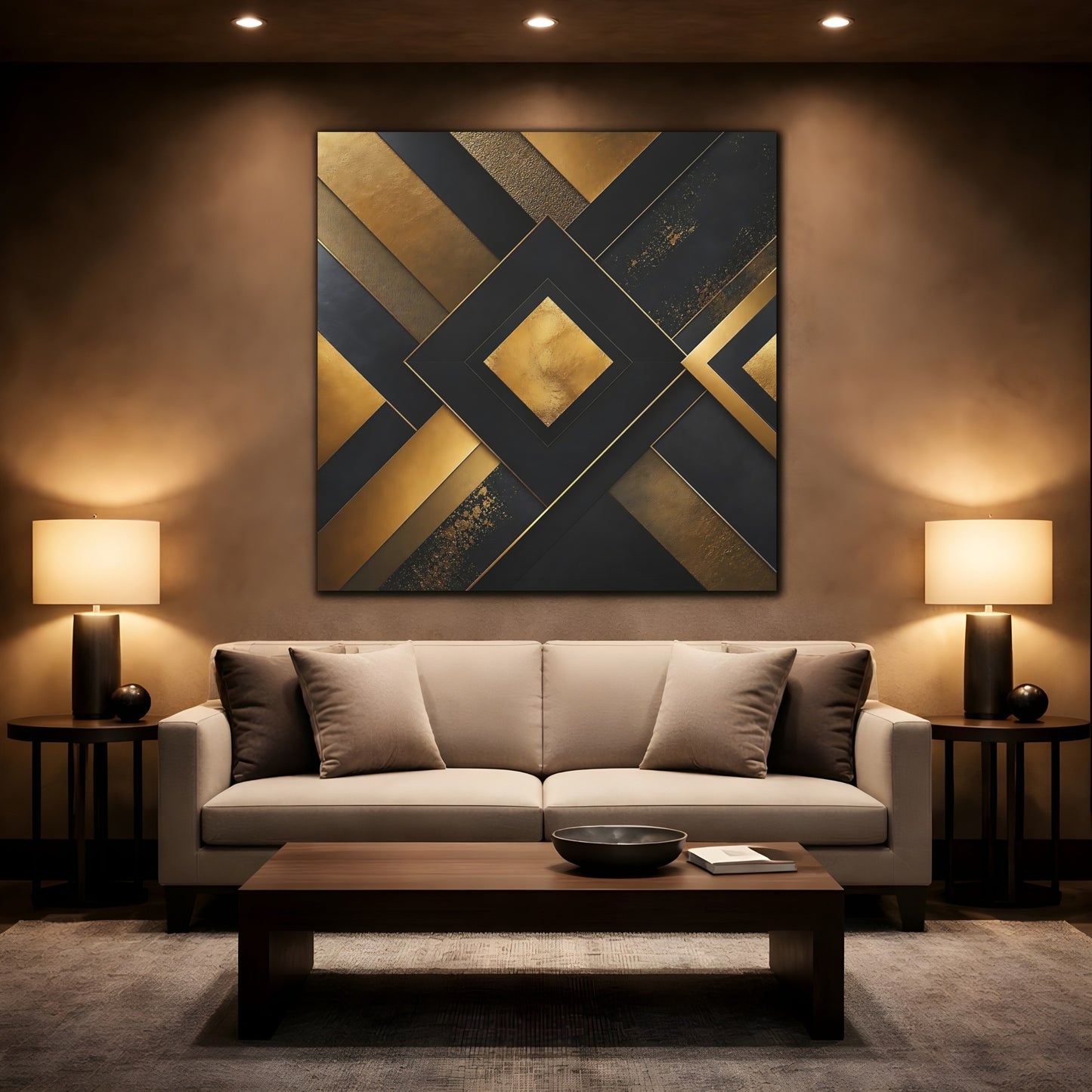Mockup 2. Abstract Geometric Shapes Gold Black Abstract shown as stretched canvas wall art