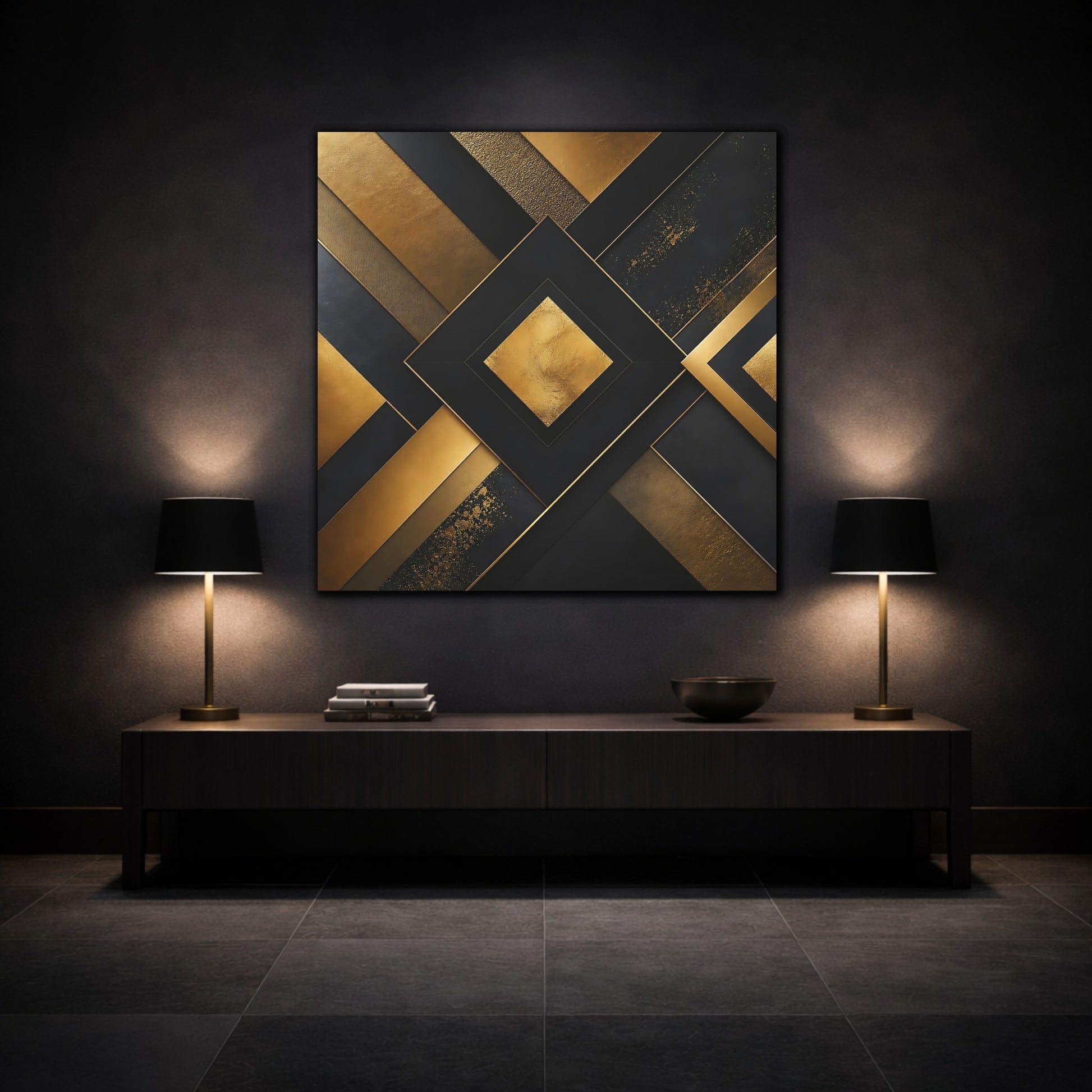 Mockup 3. Abstract Geometric Shapes Gold Black Abstract shown as stretched canvas wall art
