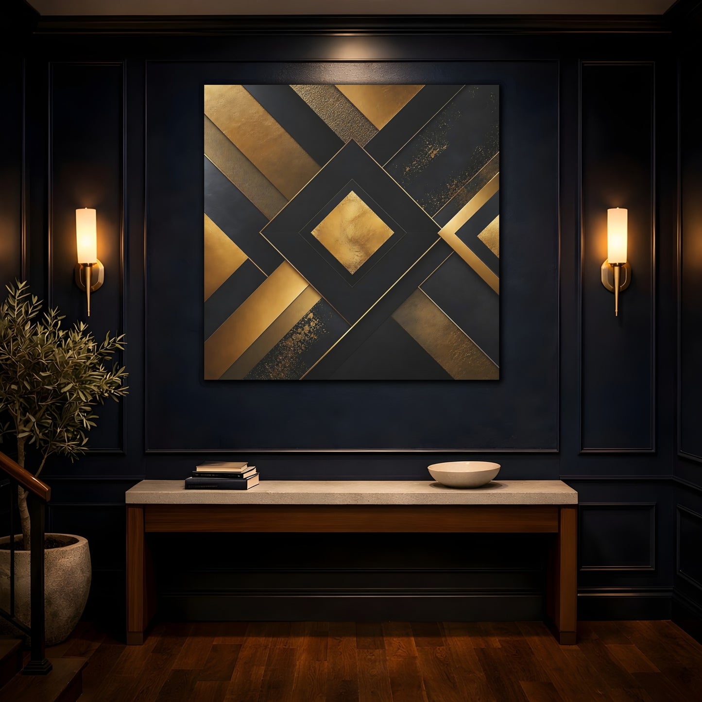 Mockup 4. Abstract Geometric Shapes Gold Black Abstract shown as stretched canvas wall art
