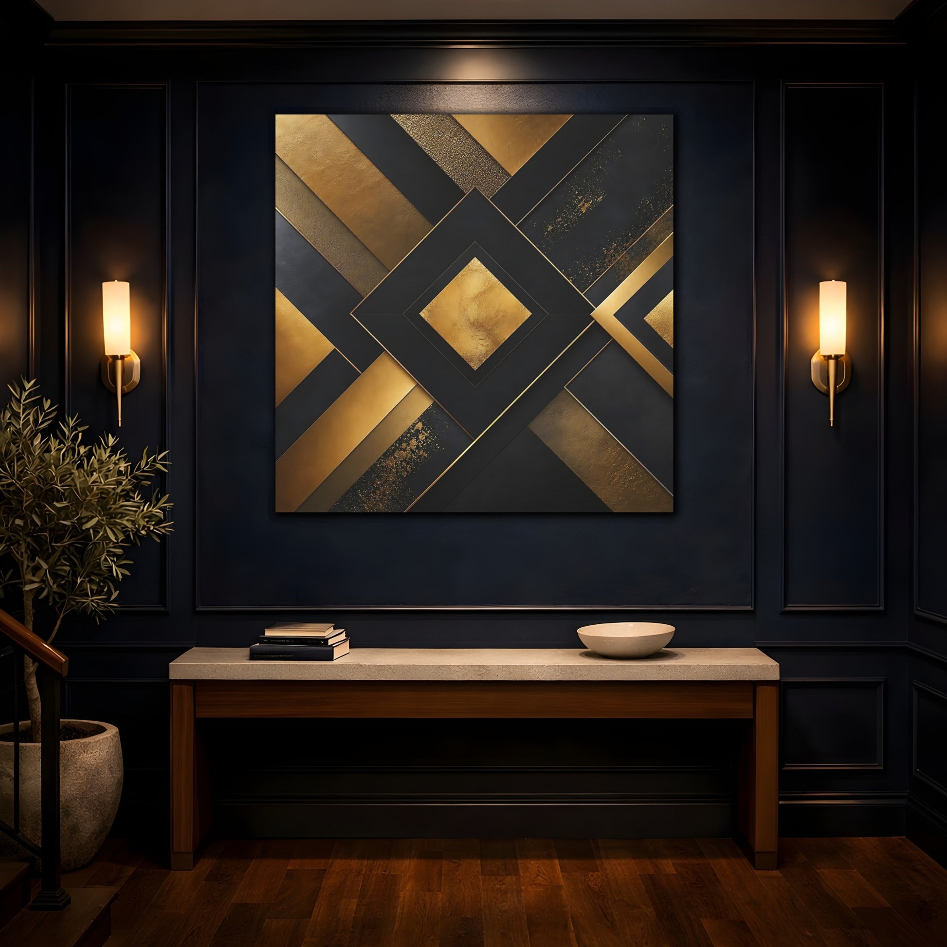 Mockup 4. Abstract Geometric Shapes Gold Black Abstract shown as stretched canvas wall art