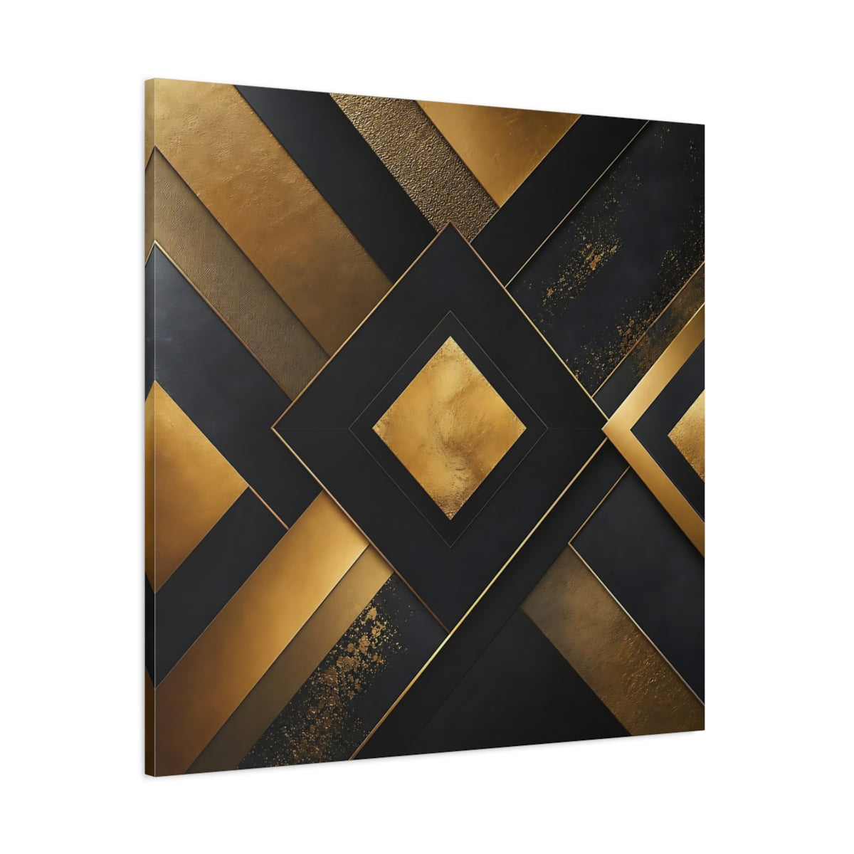 Side Mockup 1. Abstract Geometric Shapes Gold Black Abstract shown as stretched canvas wall art