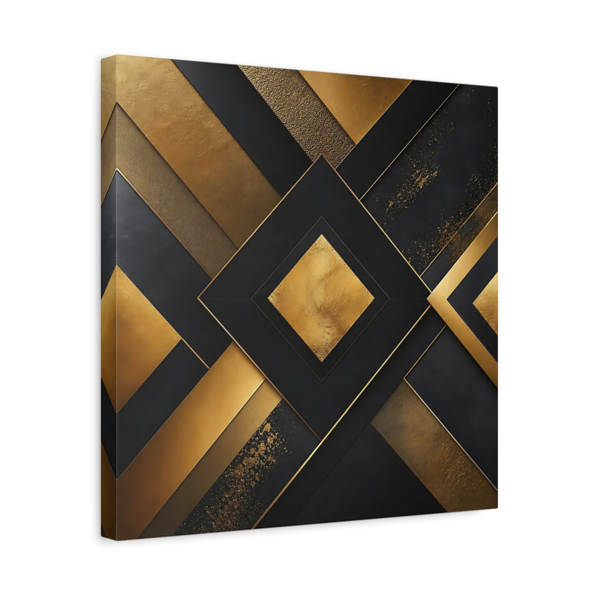 Side Mockup 6. Abstract Geometric Shapes Gold Black Abstract shown as stretched canvas wall art