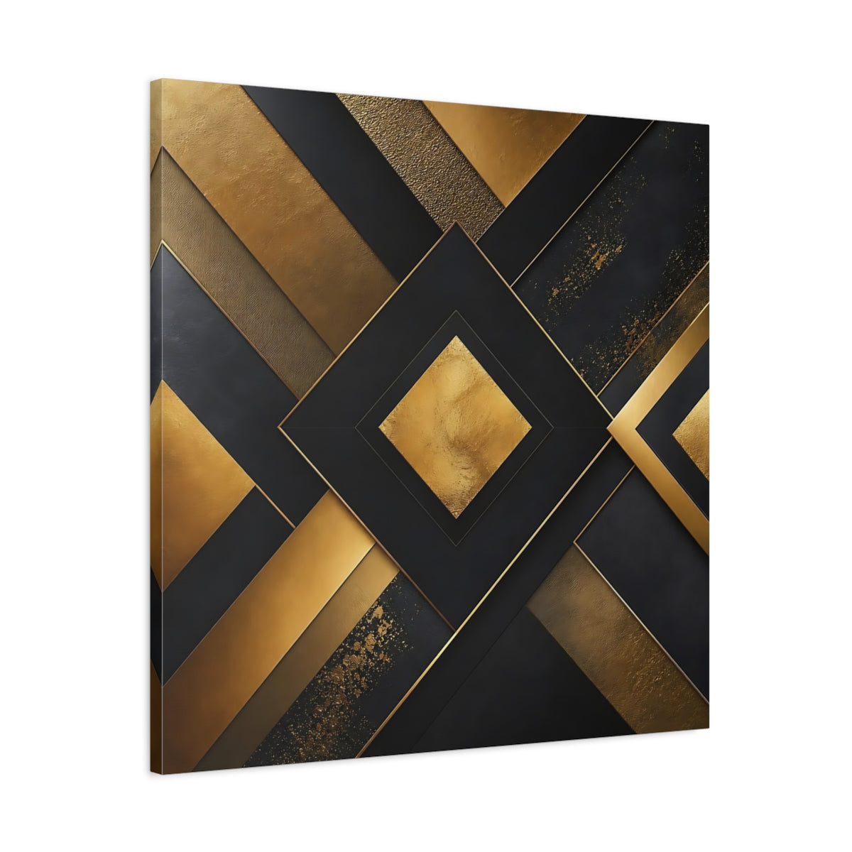 Side Mockup 3. Abstract Geometric Shapes Gold Black Abstract shown as stretched canvas wall art