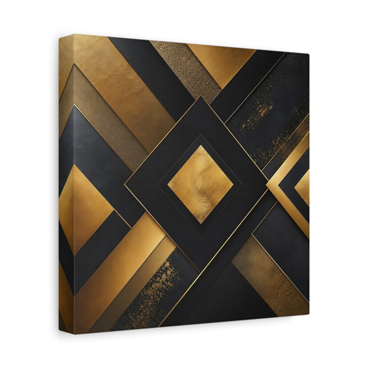 Side Mockup 9. Abstract Geometric Shapes Gold Black Abstract shown as stretched canvas wall art