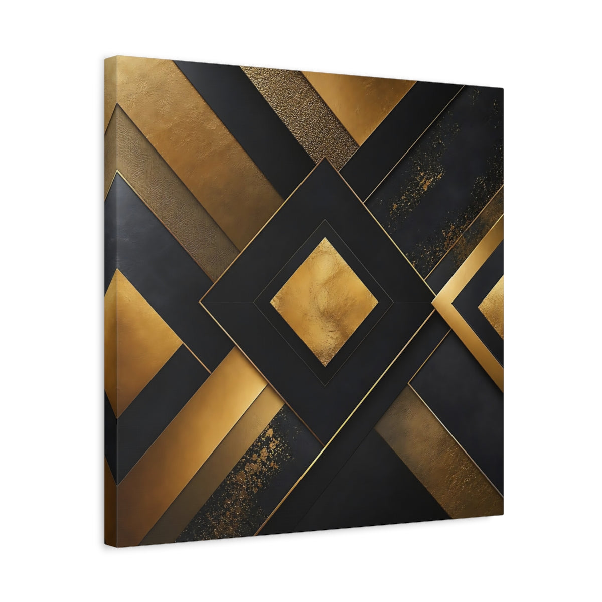 Side Mockup 5. Abstract Geometric Shapes Gold Black Abstract shown as stretched canvas wall art