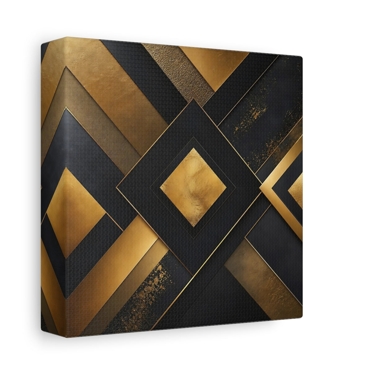 Side Mockup 2. Abstract Geometric Shapes Gold Black Abstract shown as stretched canvas wall art