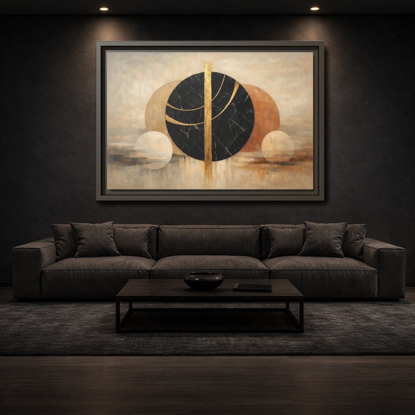 Mockup 2. Abstract Geometric Shapes Gold Black Geometric shown as stretched canvas wall art