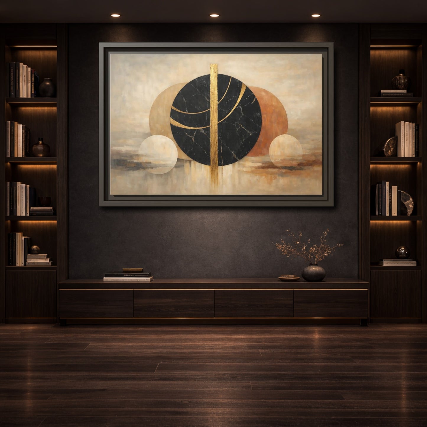 Mockup 3. Abstract Geometric Shapes Gold Black Geometric shown as stretched canvas wall art