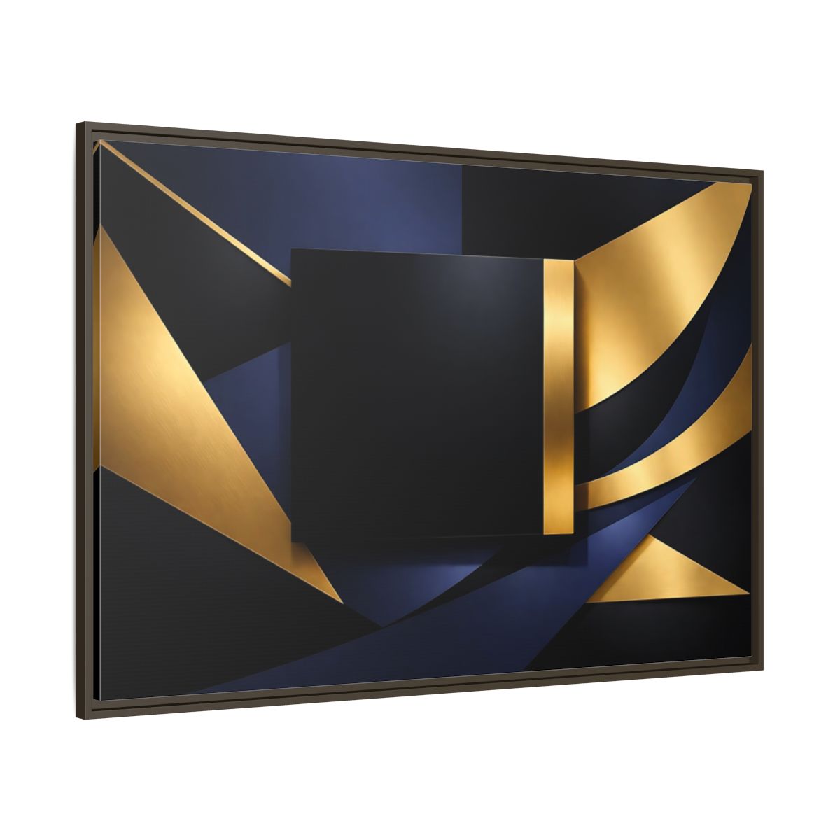 Main Mockup. Abstract Geometric Shapes Gold Blue Black shown as stretched canvas wall art