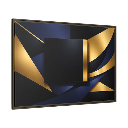 Main Mockup. Abstract Geometric Shapes Gold Blue Black shown as stretched canvas wall art