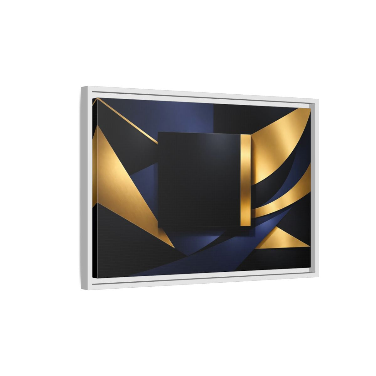 Side Mockup 1. Abstract Geometric Shapes Gold Blue Black shown as stretched canvas wall art