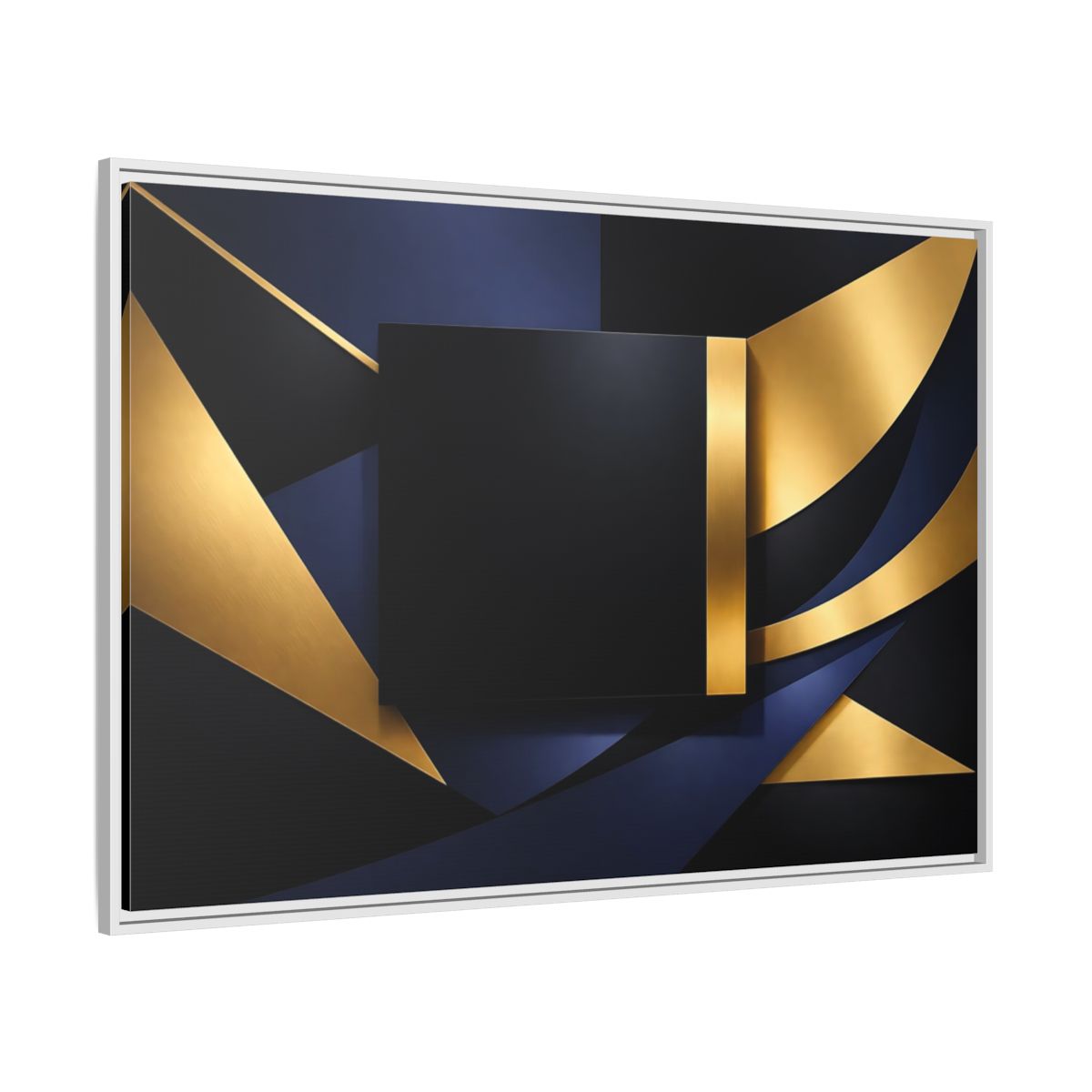 Side Mockup 7. Abstract Geometric Shapes Gold Blue Black shown as stretched canvas wall art