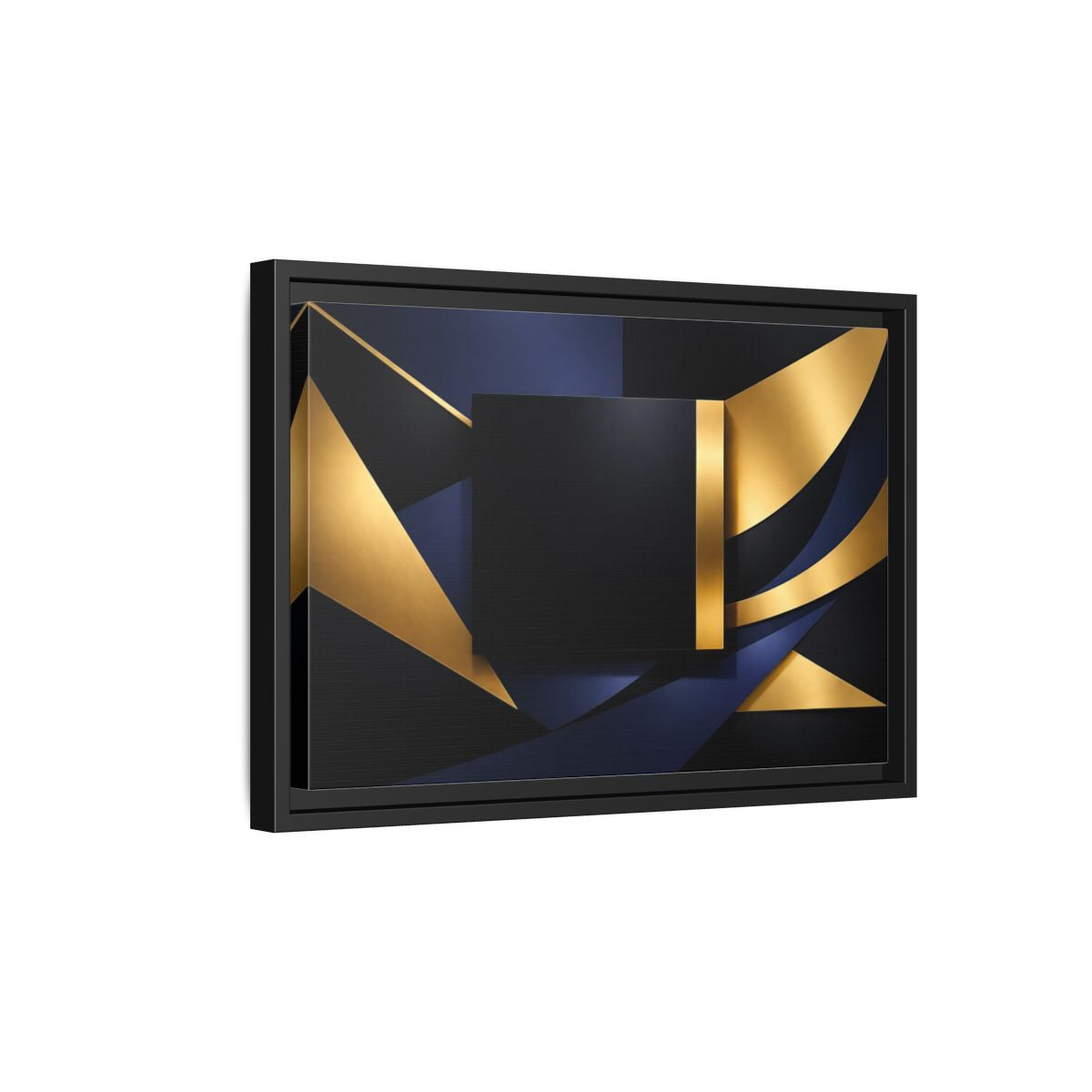 Side Mockup 6. Abstract Geometric Shapes Gold Blue Black shown as stretched canvas wall art
