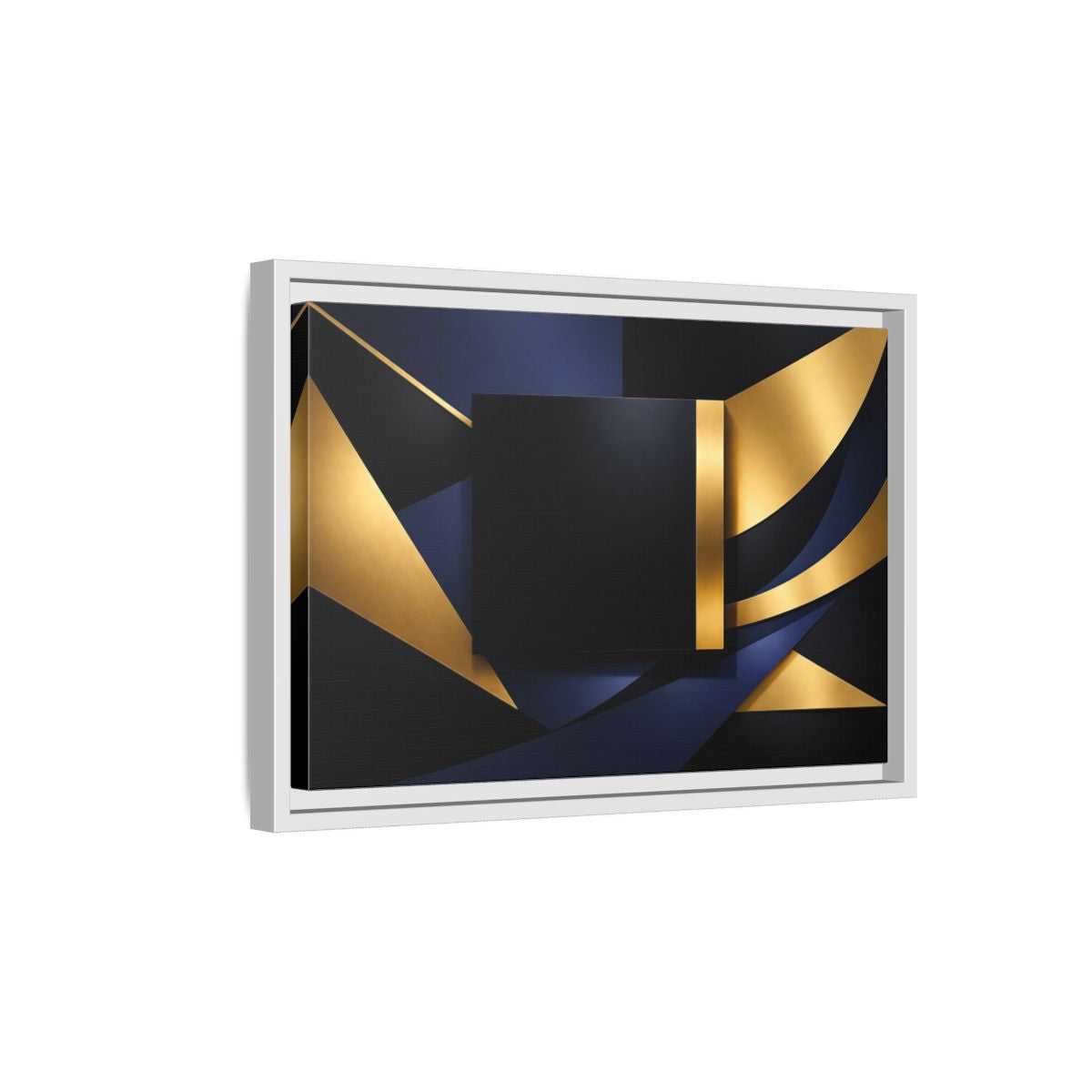 Side Mockup 4. Abstract Geometric Shapes Gold Blue Black shown as stretched canvas wall art