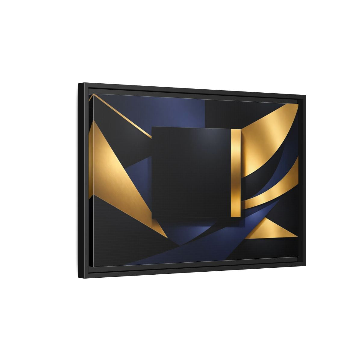 Side Mockup 3. Abstract Geometric Shapes Gold Blue Black shown as stretched canvas wall art