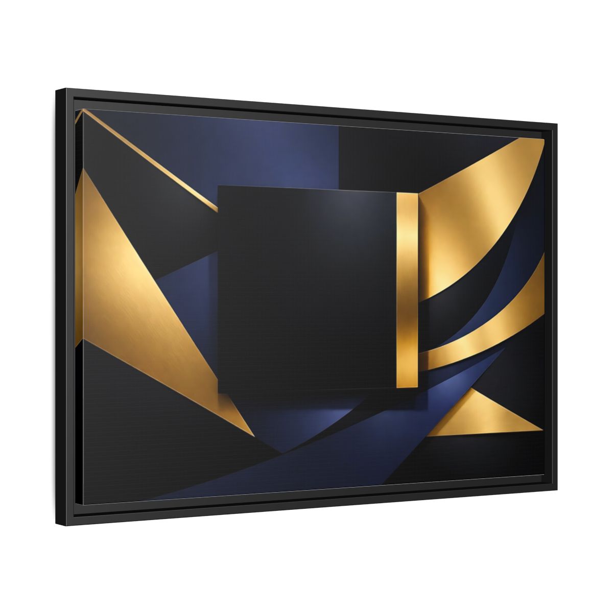Side Mockup 14. Abstract Geometric Shapes Gold Blue Black shown as stretched canvas wall art