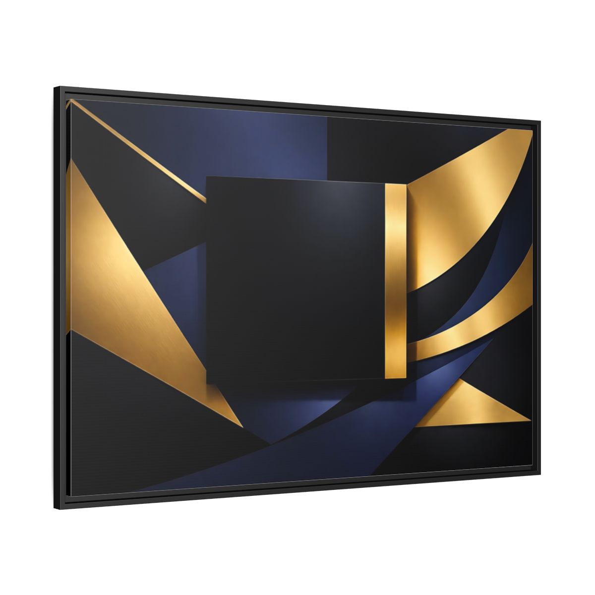 Side Mockup 12. Abstract Geometric Shapes Gold Blue Black shown as stretched canvas wall art