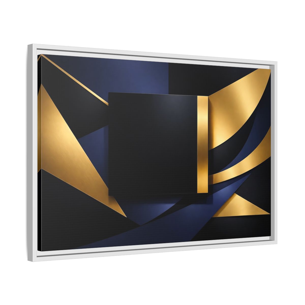 Side Mockup 10. Abstract Geometric Shapes Gold Blue Black shown as stretched canvas wall art