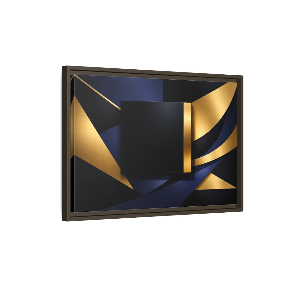 Side Mockup 2. Abstract Geometric Shapes Gold Blue Black shown as stretched canvas wall art