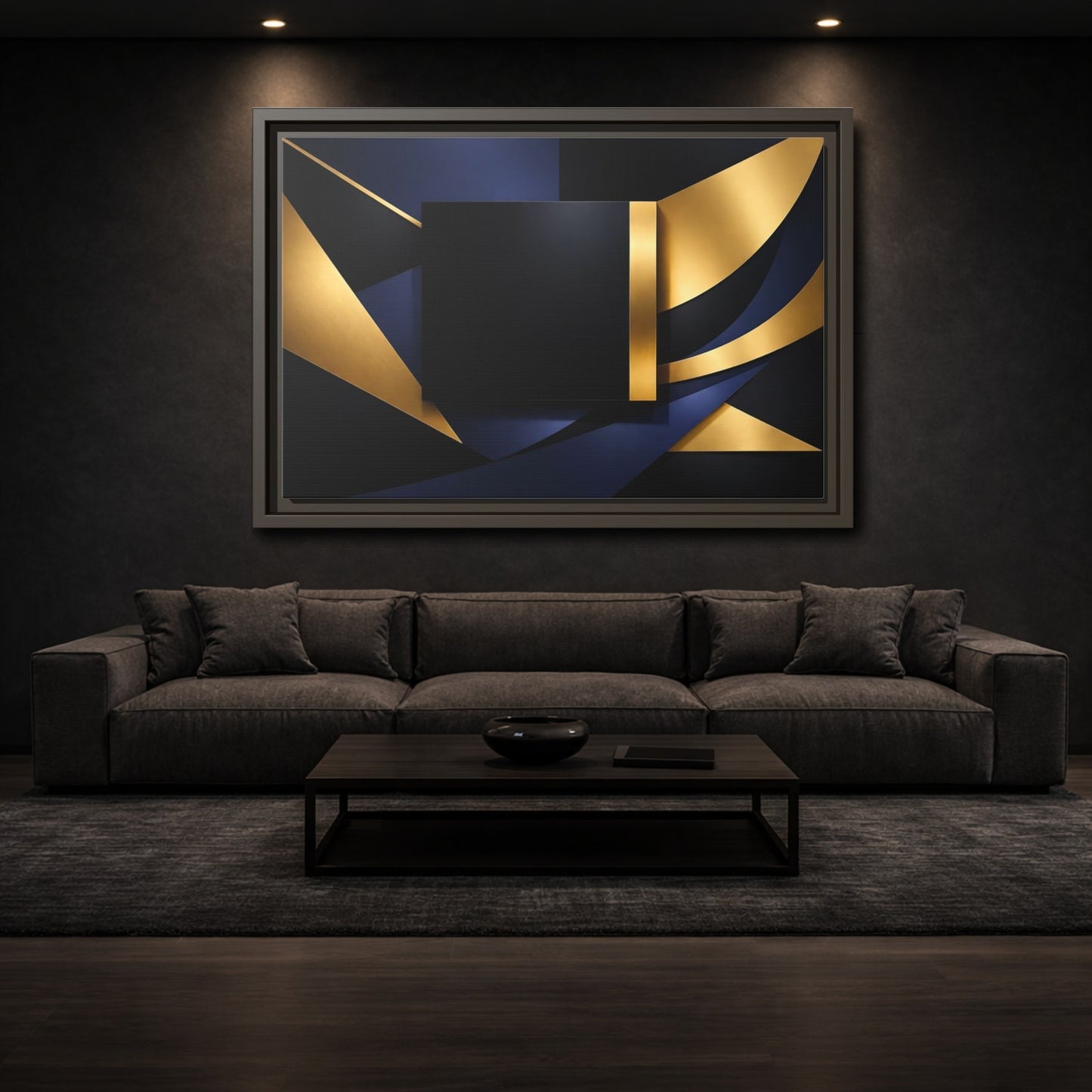 Mockup 2. Abstract Geometric Shapes Gold Blue Black shown as stretched canvas wall art