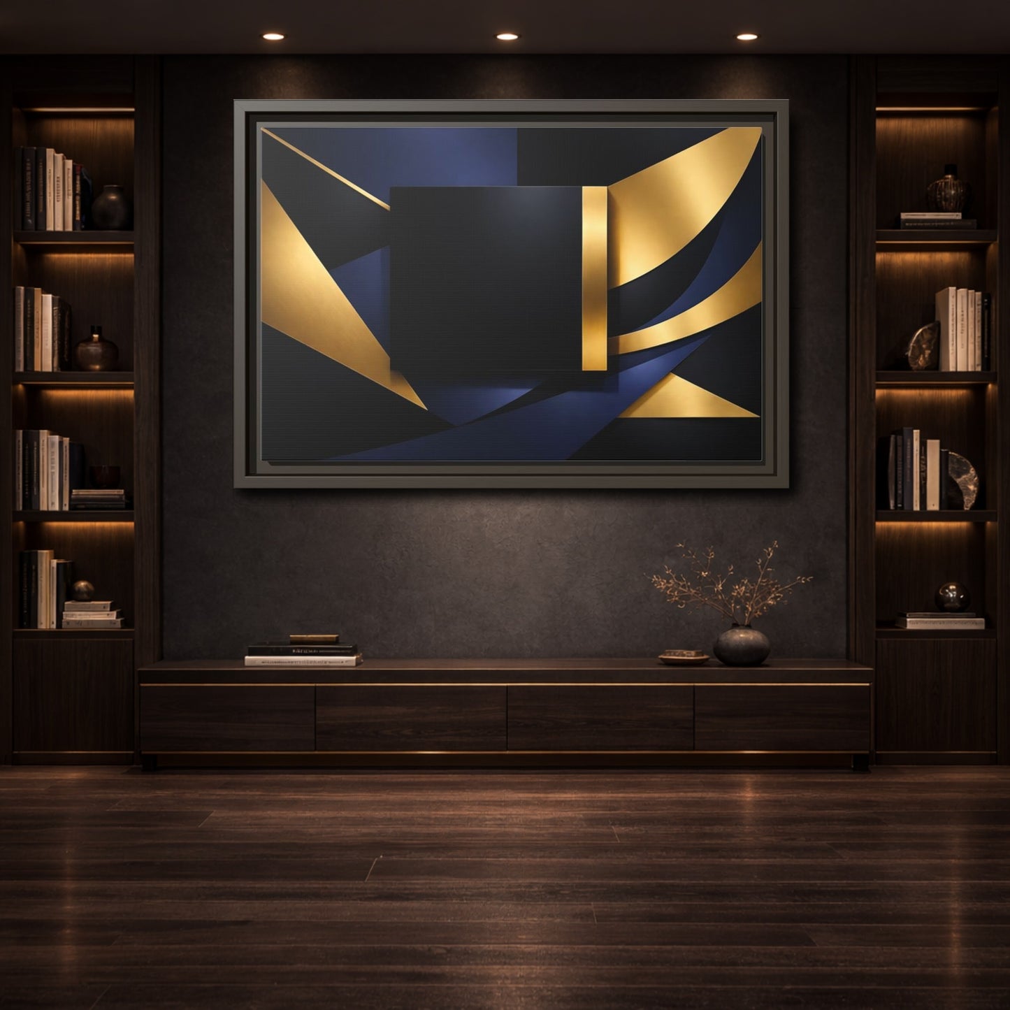 Mockup 3. Abstract Geometric Shapes Gold Blue Black shown as stretched canvas wall art