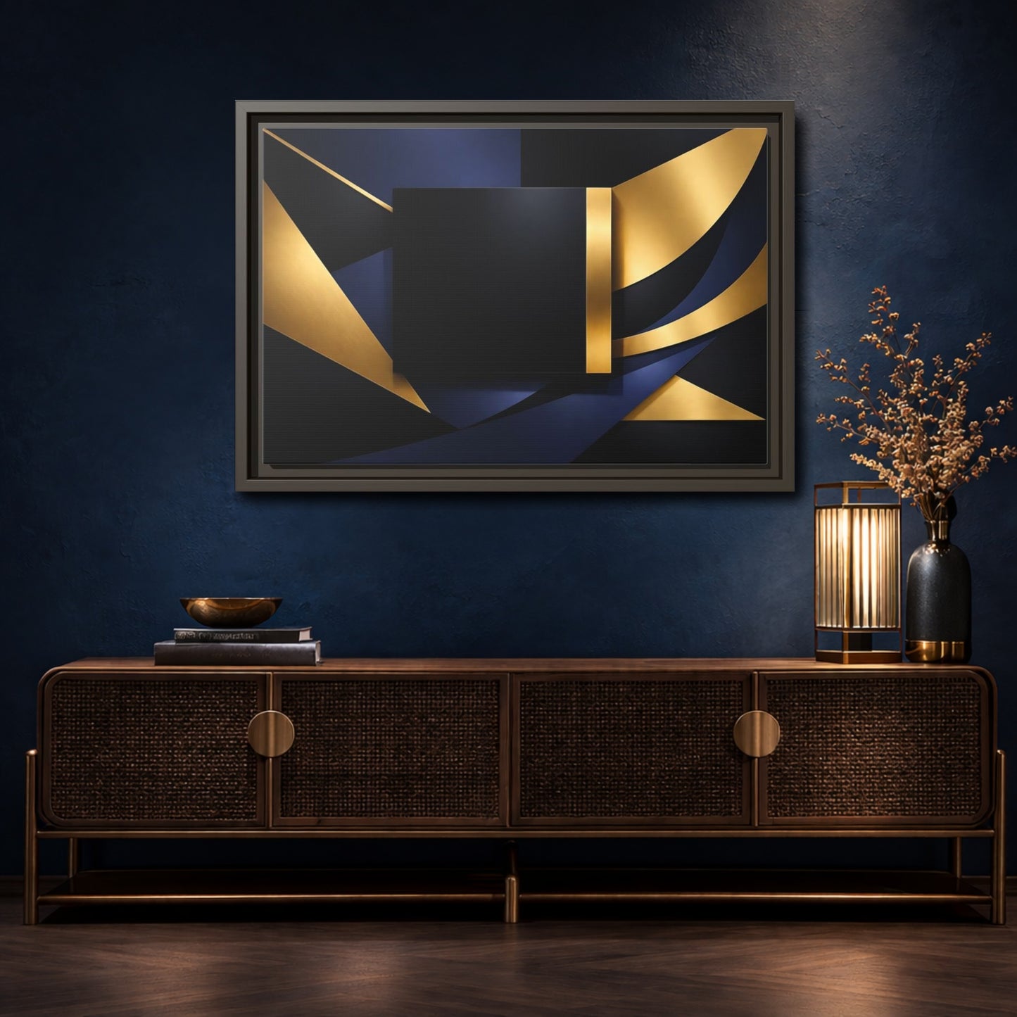 Mockup 4. Abstract Geometric Shapes Gold Blue Black shown as stretched canvas wall art